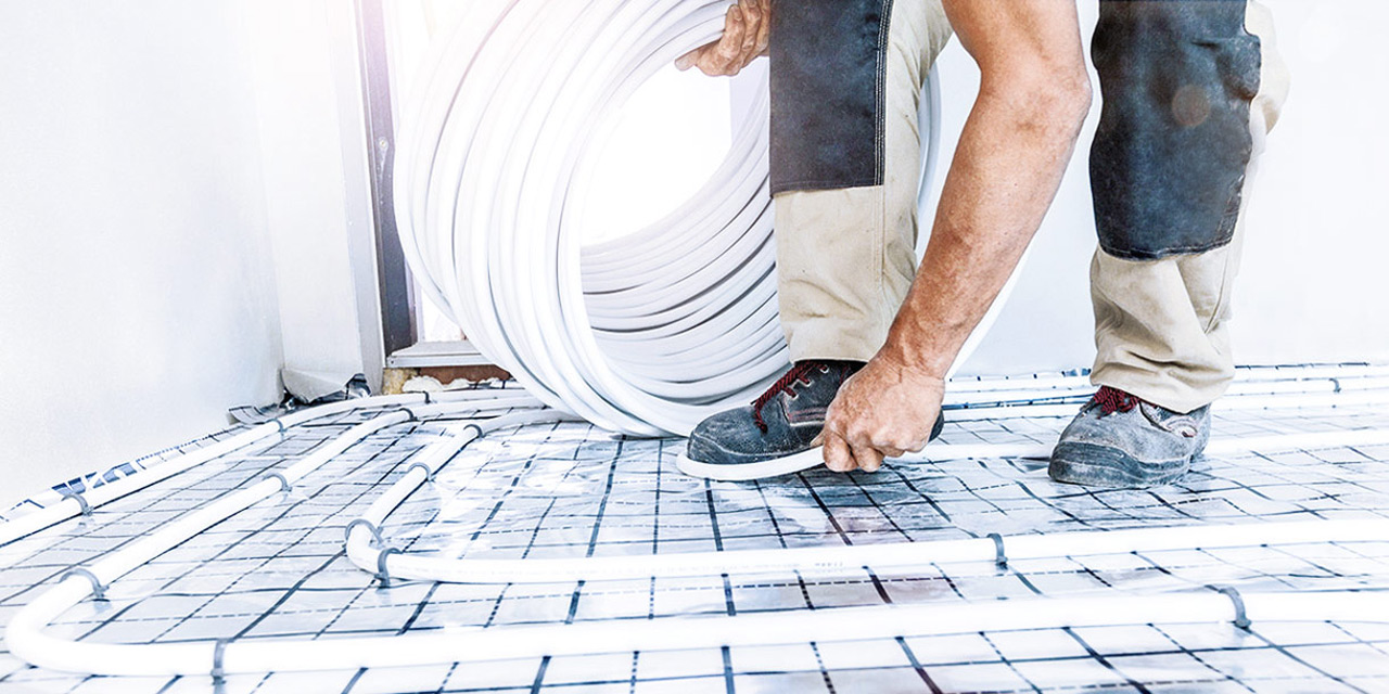 Floor heating system being installed