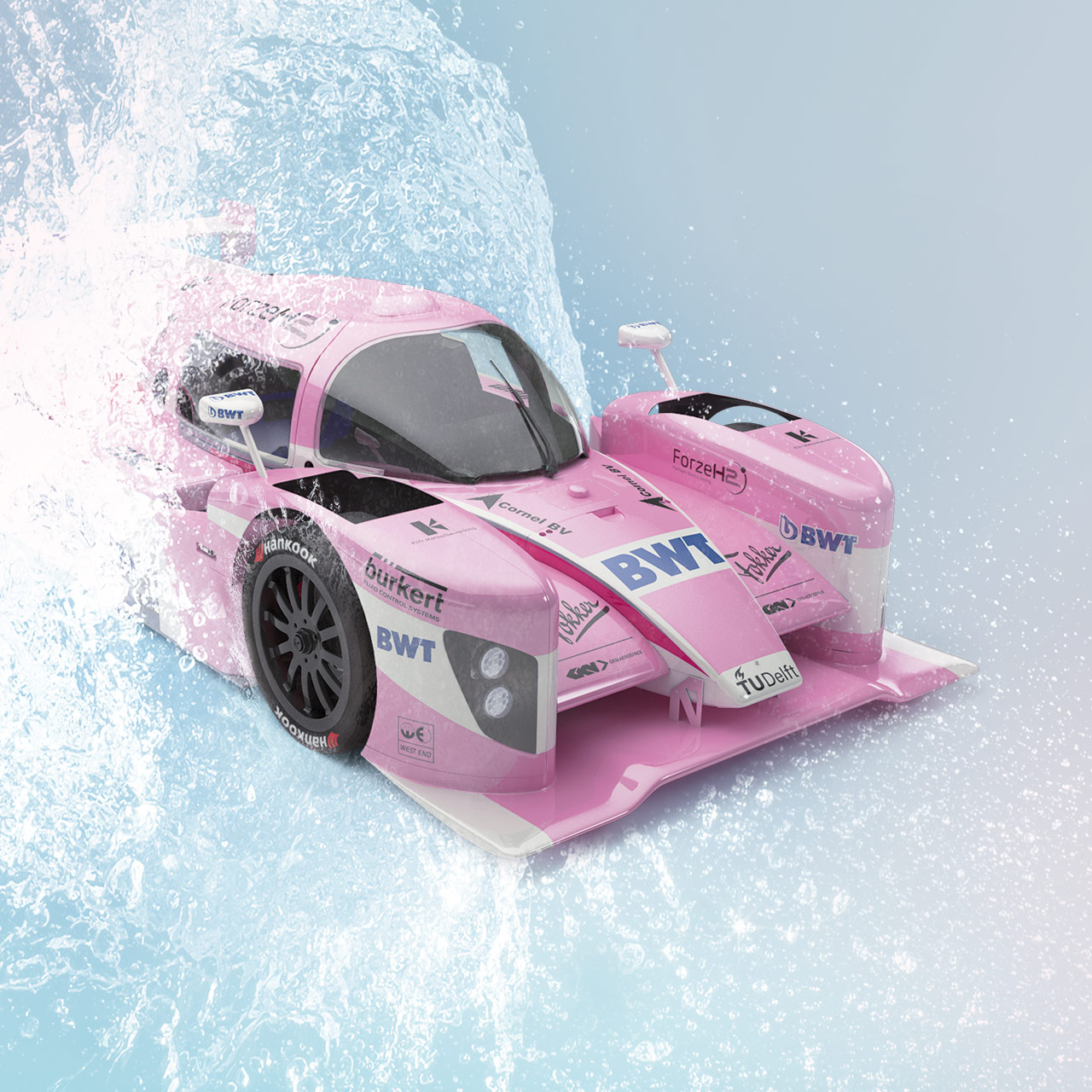 Pink Sports car driving through a ring of water